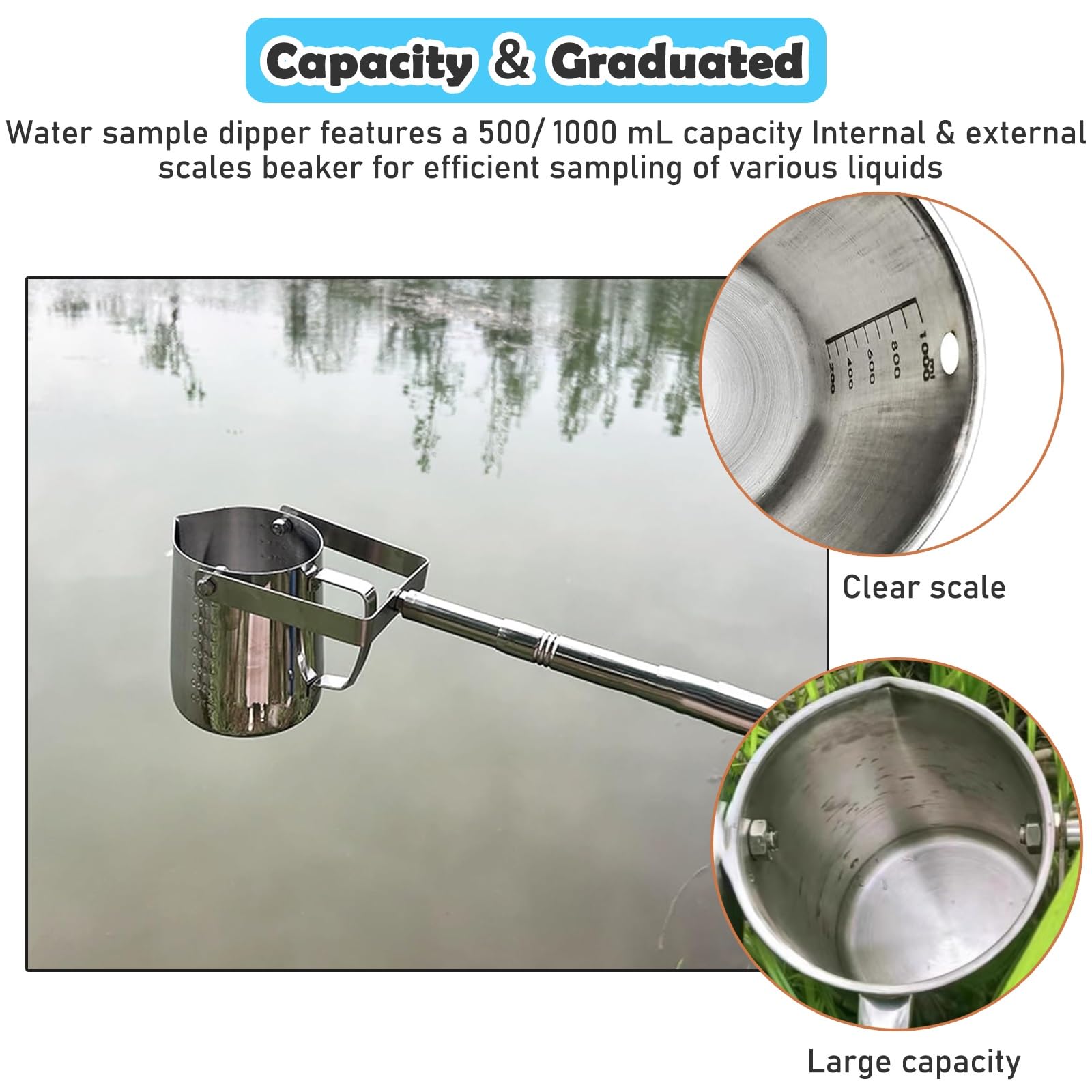 Dipper5001000 ml di campionatore d'acqua in acciaio inox con asta per fiumi, laghi e fango, ideali per test di qualità e analisi ambientale