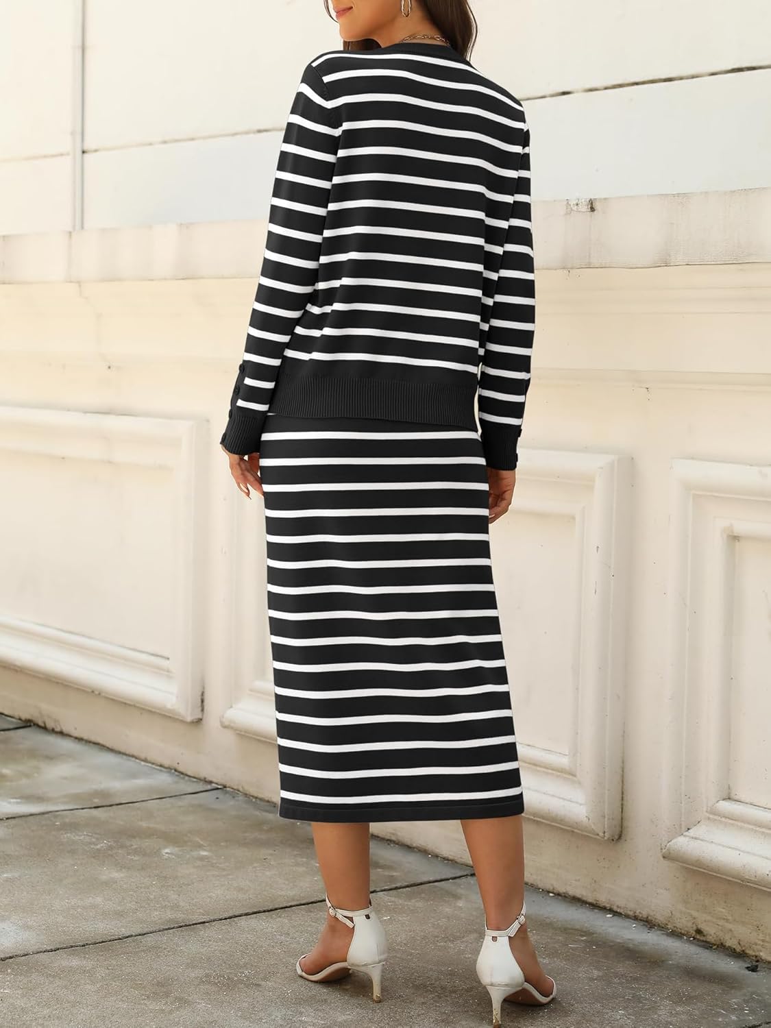 Women 2 Piece Outfits Striped Sweater Skirt Sets Fall Casual Long Sleeve Pullover Top Lounge Travel Midi Dress - Image 5