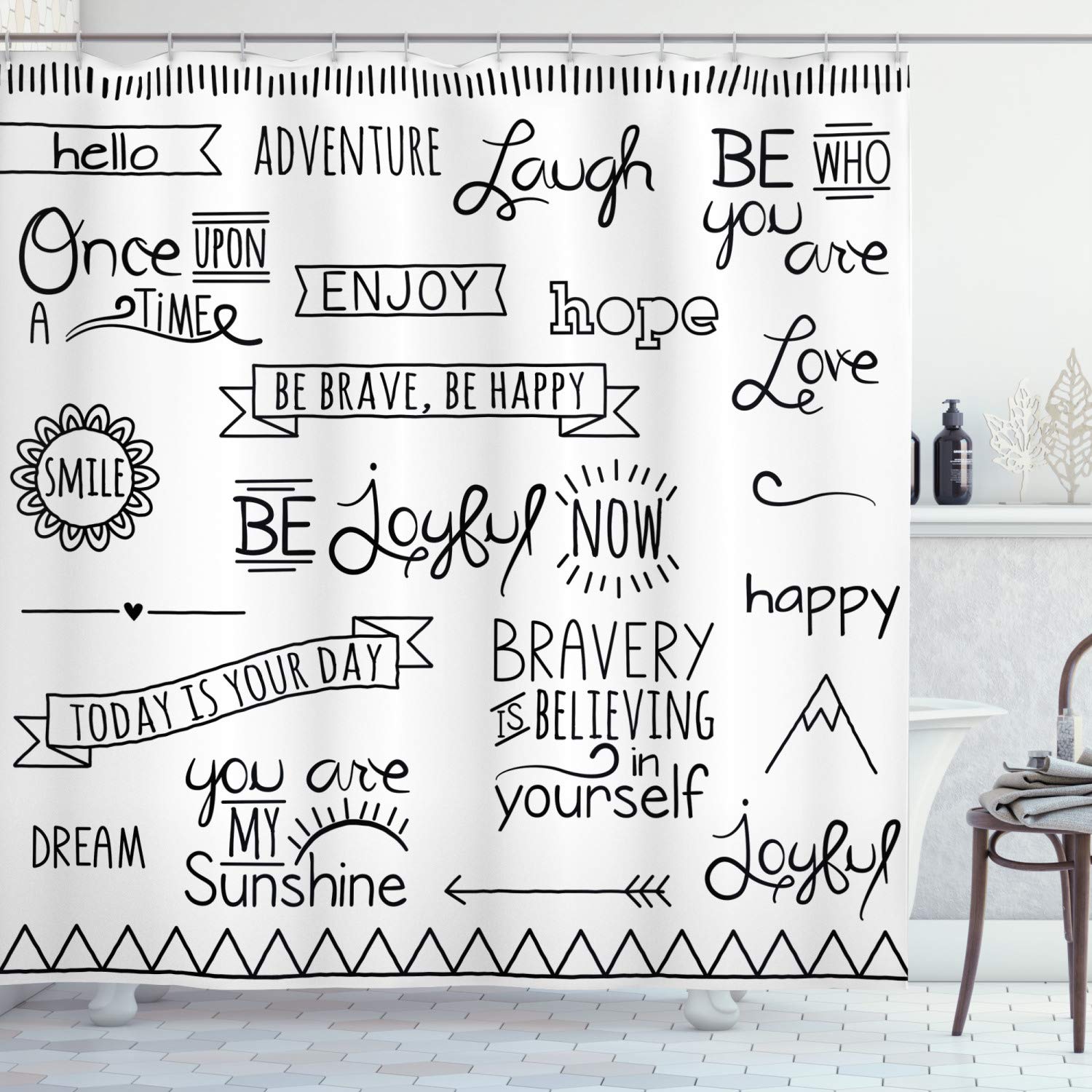 Ambesonne Adventure Shower Curtain, Wordings on Happiness with Monochrome Lettering Phrases on Plain Backdrop Print, Cloth Fabric Bathroom Decor Set with Hooks, 69