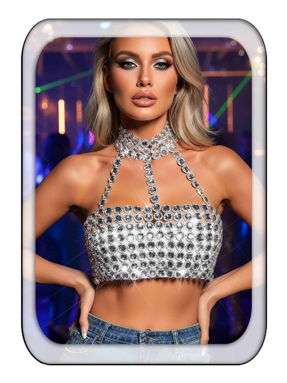 Aukmla Crystal Bra Chain Top Silver Rhinestones Halter Chest Chains Beach Bikini Tops Body Jewelry for Women