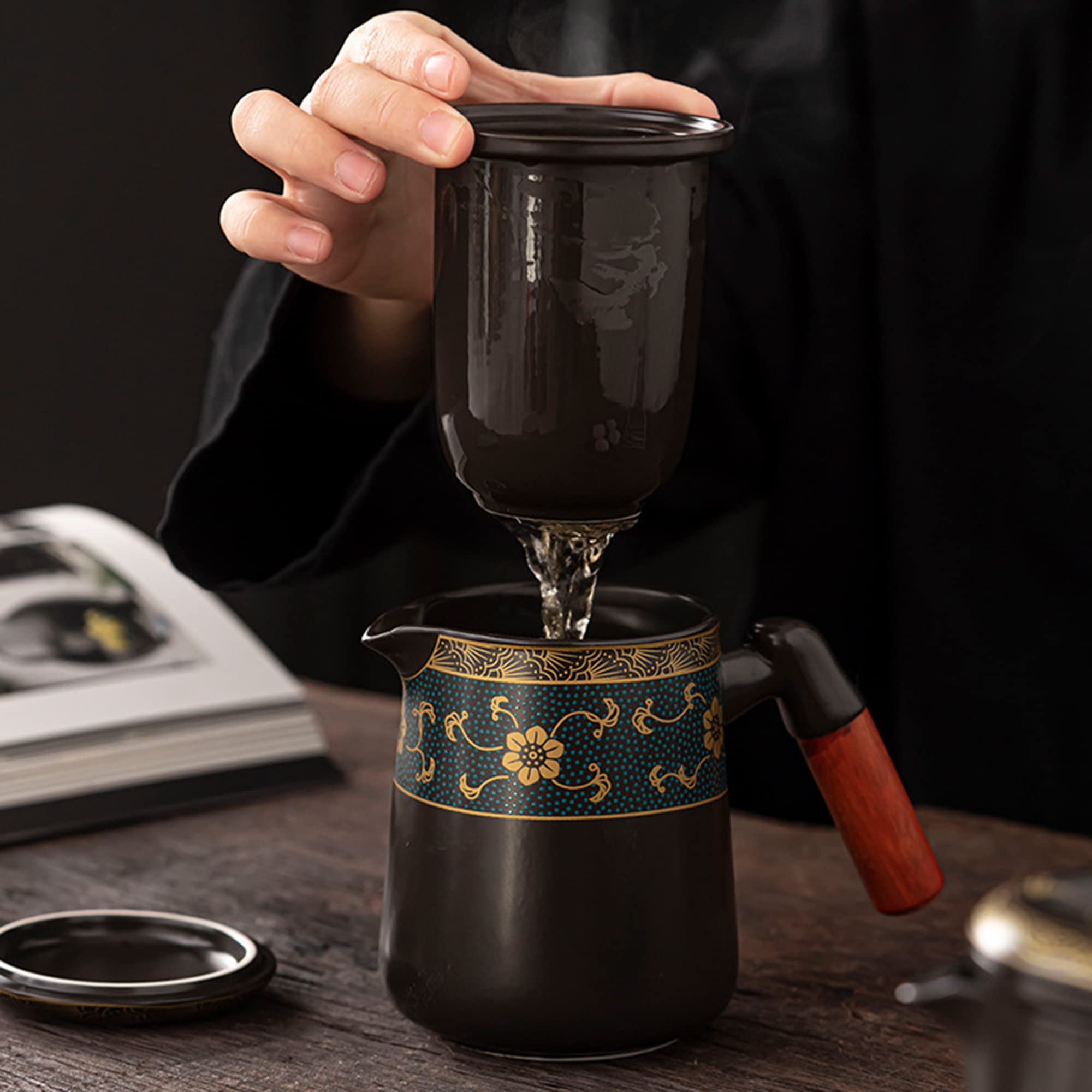 fanquare Czarny zestaw do herbaty Gongfu podróżny, chiński zestaw do herbaty kung fu ze złotym wykończeniem, porcelanowy zestaw do herbaty z przenośną torbą