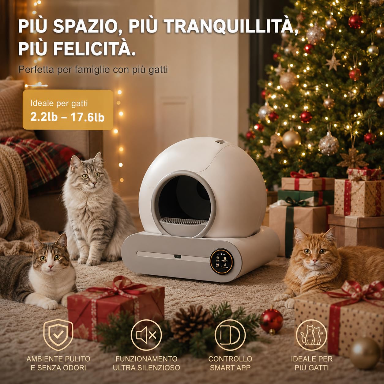 Lettiera Gatto Autopulente 65L + 9L, Lettiera Automatica per Gatti con Monitoraggio Sanitario APP, Include 1 Tappetino e 5 Rotoli di Sacchi per la Spazzatura
