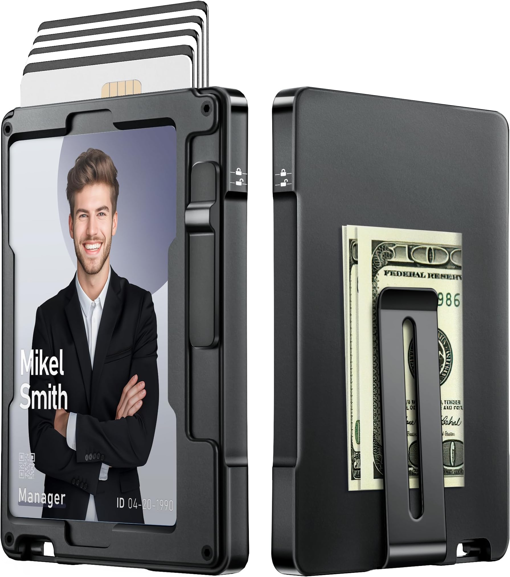 Minimalist Wallet for Men, Metal Money Clip, Pop-Up Card Holder (Black) | Slim Aluminum Card Case, RFID Blocking Mens Wallet, with ID Window, Front Pocket Wallet for Men, gift for men