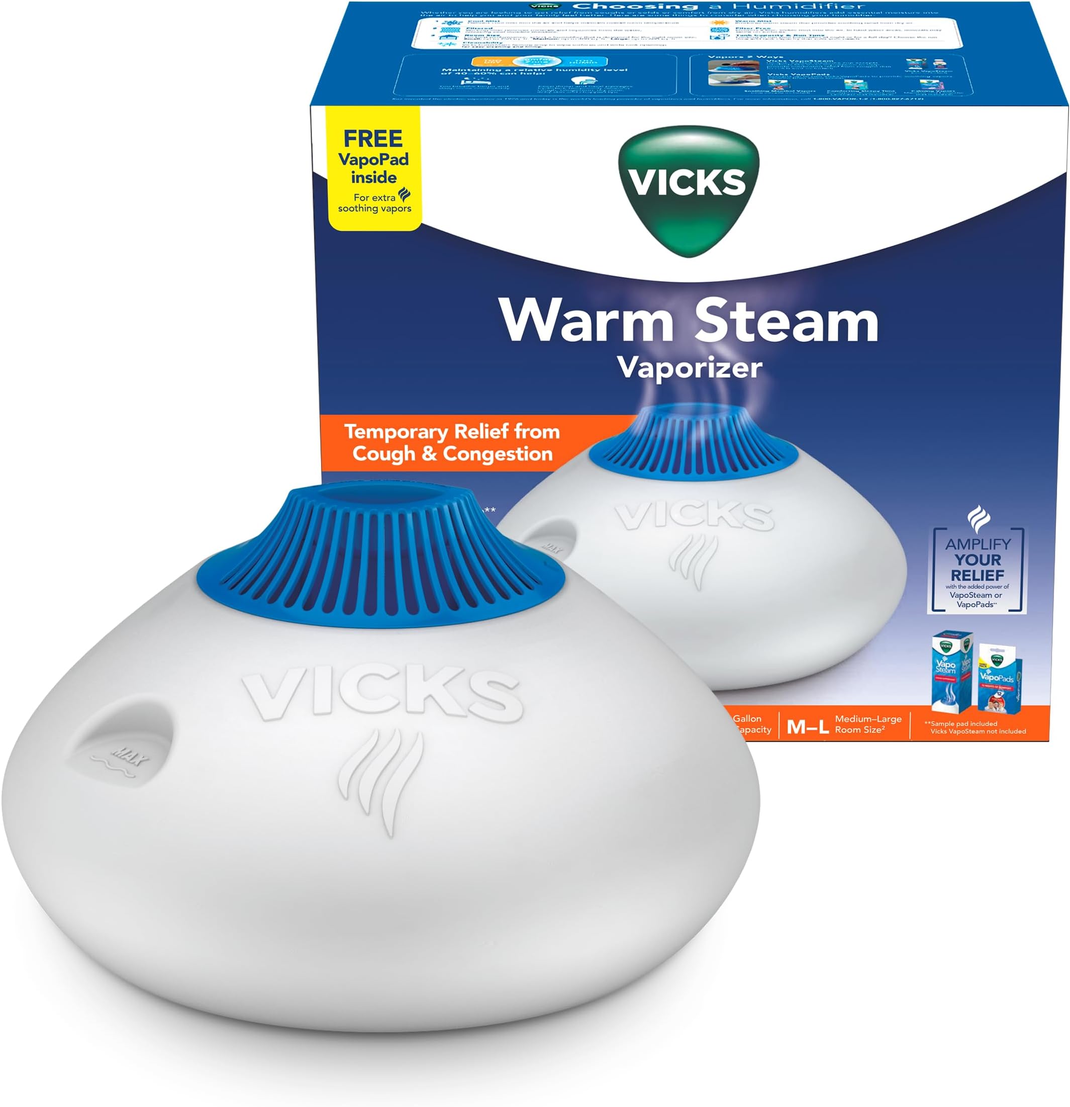 Warm Steam Vaporizer, Small to Medium Rooms, 1.5 Gallon Tank – Warm Mist Humidifier for Baby and Kids Rooms with Night Light, Works with Vicks VapoPads and VapoSteam