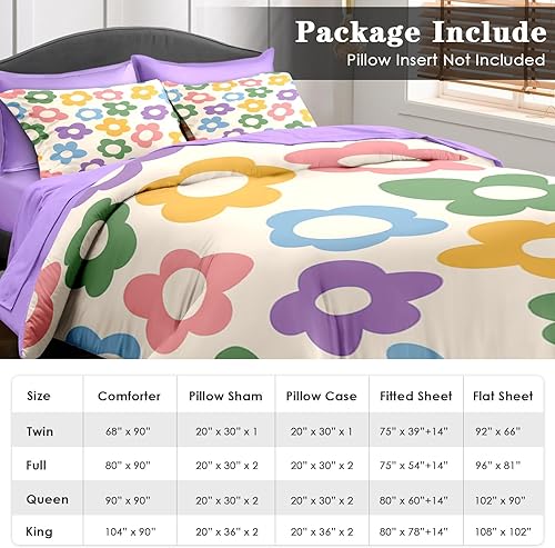 Miniatura 6 de Juego de edredón tamaño individual, diseño de flores vintage de los años 70S, ropa de cama de 5 piezas para niños y adultos, juego de sábanas