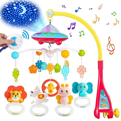 Miniatura 1 de VZO Cuna móvil con música y luces, móvil para cuna con control remoto, rotación, proyección de luz de estrellas, juguetes de cuna para bebés niños y