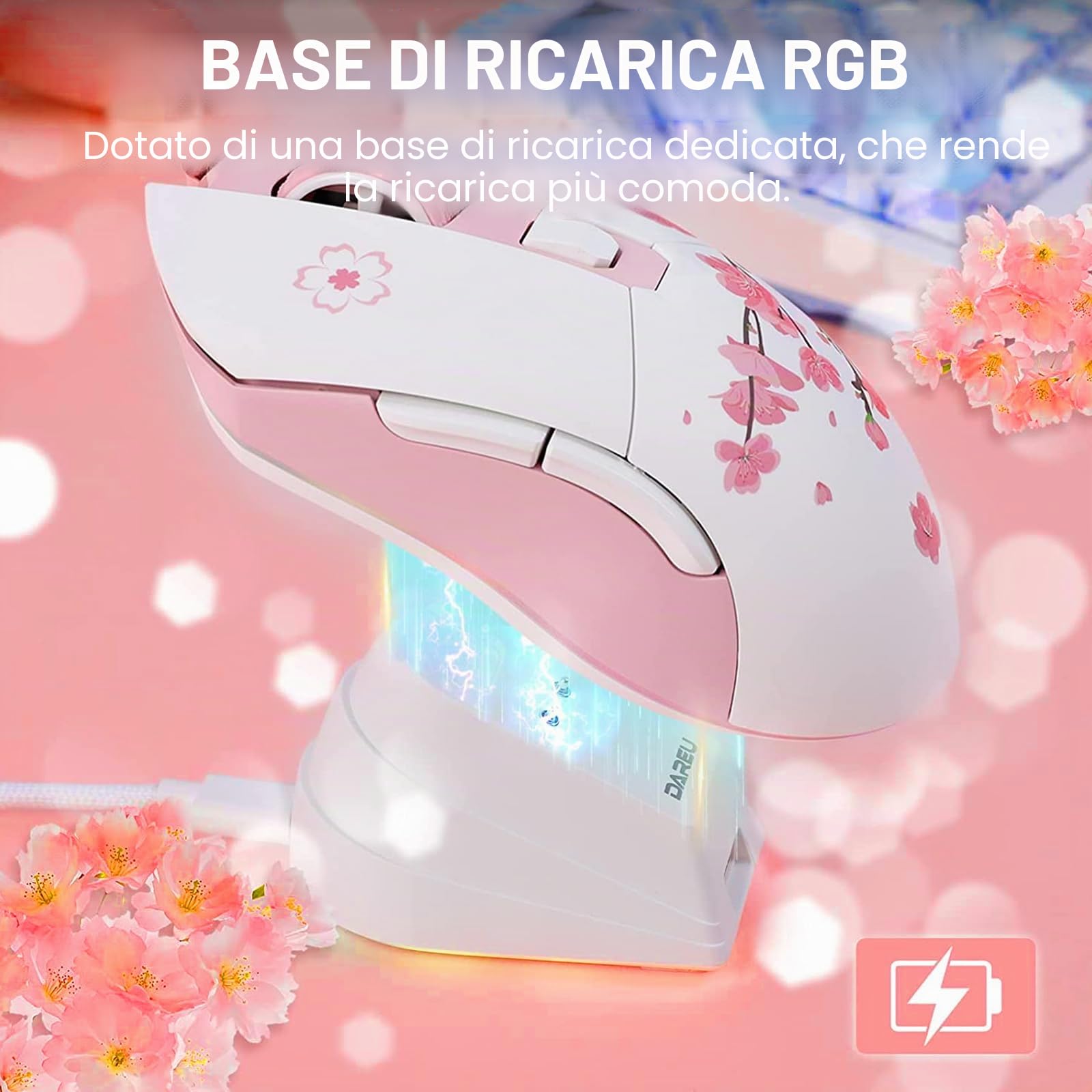 DAREU Sakura Rosa Mouse Gaming Pink con dock di ricarica ricaricabile RGB, 12 K DPI, 7 pulsanti programmabili, sensore ad alta precisione [300IPS] [1000Hz] per PC Notebook Mac