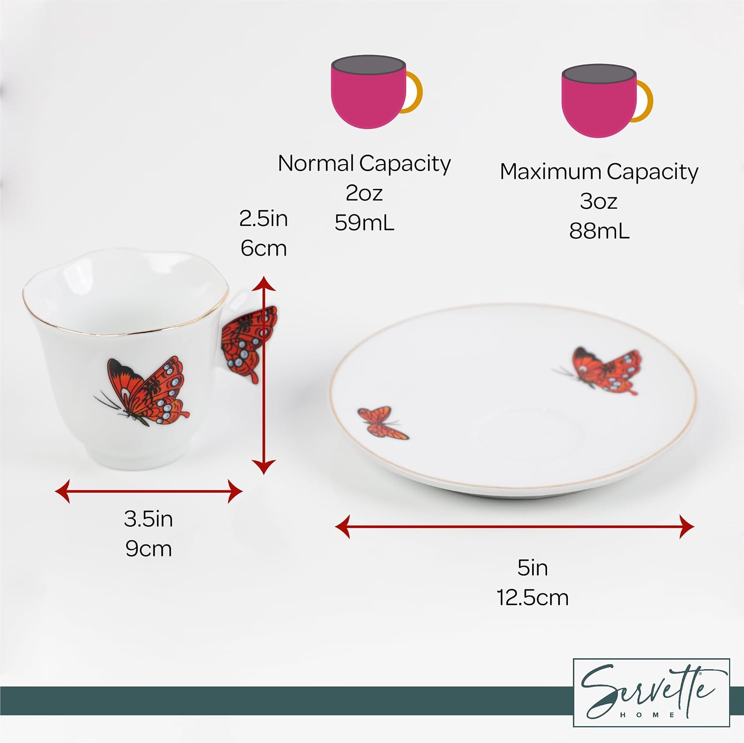 Servette Home Cup and Saucer Set - Mini Coffee Mug with Plate Tea Set - Ceramic Butterfly Design