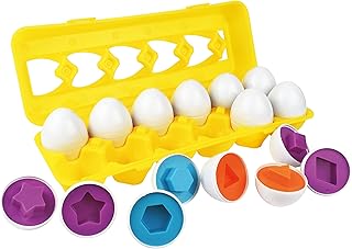 Skoolzy 12 Matching Eggs for Toddlers - Color Sorting and Shape Matching Egg Toy, Yellow Egg Carton, Builds Fine Motor Skills an Excellent Learning Toy for Toddlers - 12 Shapes 6 Colors