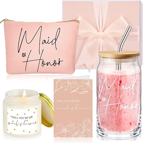 La caja de regalo de propuesta de dama de honor incluye gafas de dama de honor, vela de dama de honor, bolsa de maquillaje, tarjetas de invitación
