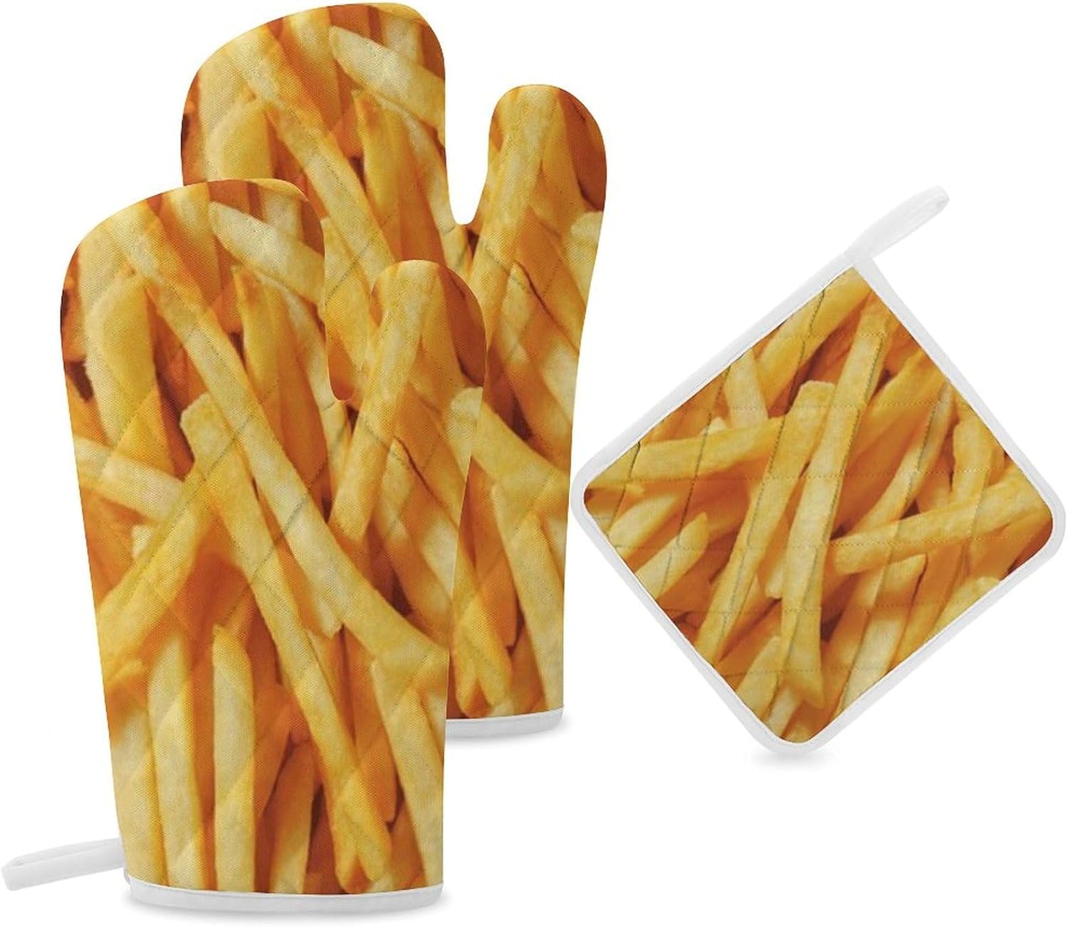 Frying French Fries Print Oven Mitts and Pot Holders 3 Piece Sets Heat Resistant Gloves Hot Pads Potholders for Kitchen Baking Cooking