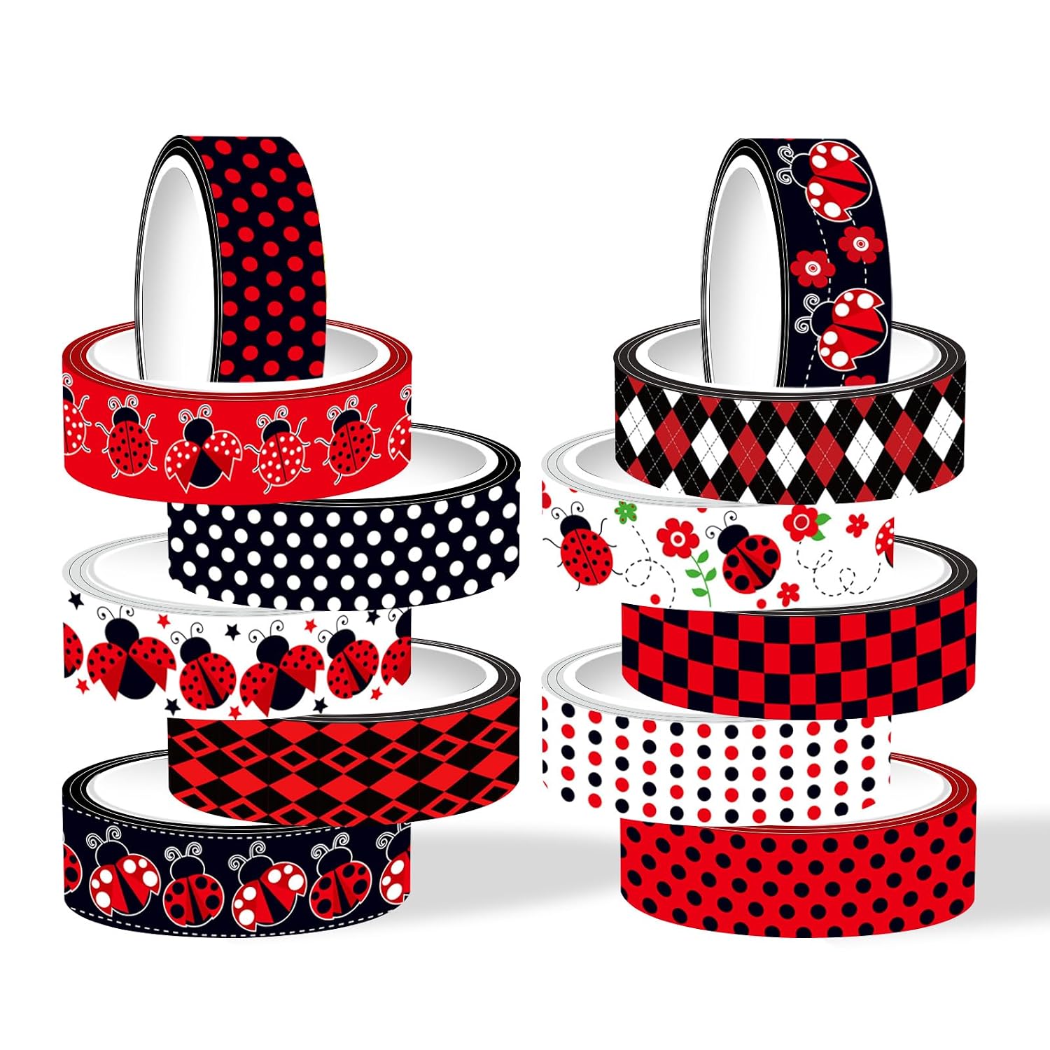 12 Rolls Insect Washi Tape, Seven Star Ladybug Masking Tape, Red Black Spots Decorative Tape for Journaling, Scrapbooking, DIY Crafts, Planner, Gift Wrapping, 16.4FT