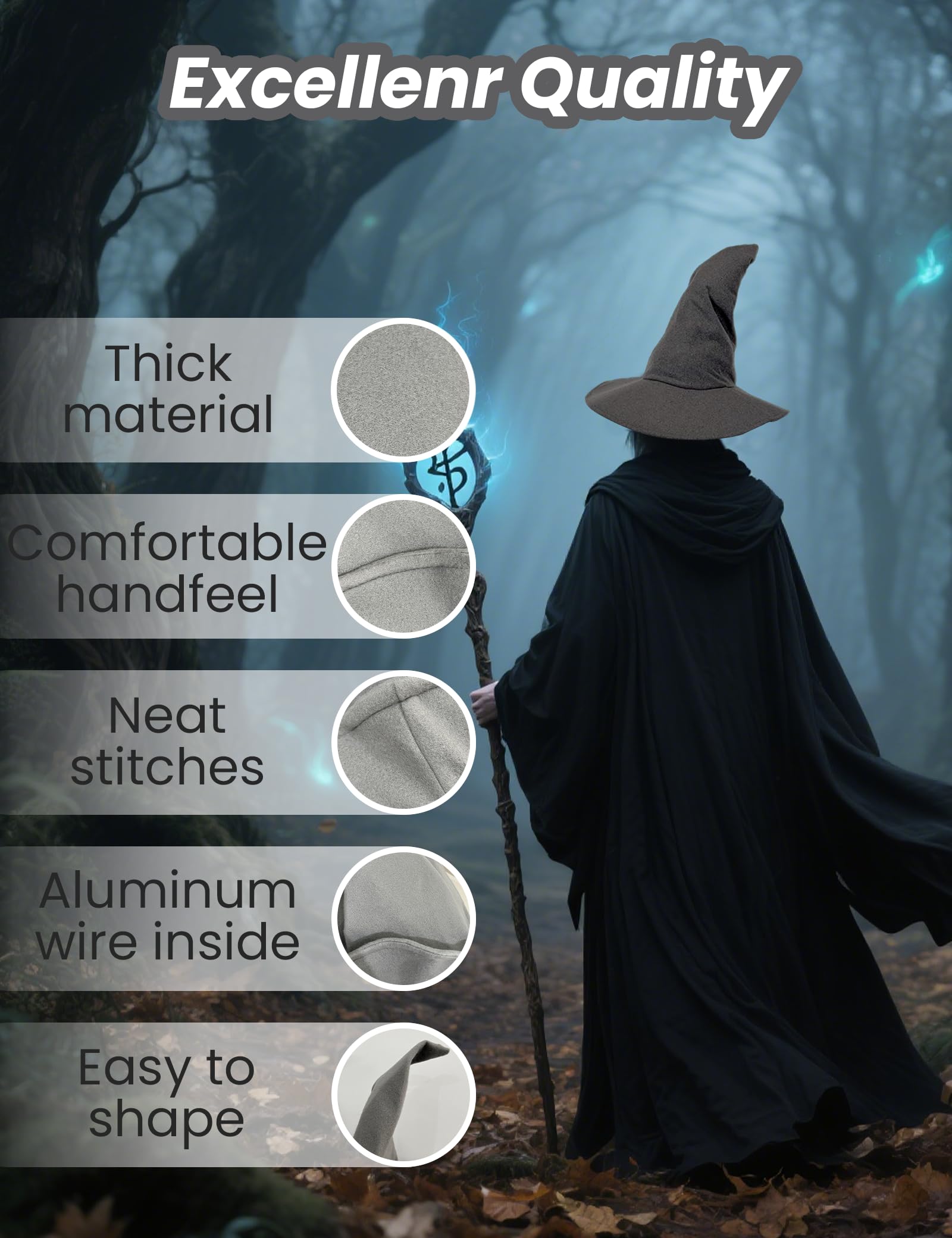 Gwezmxs Wizard Hat, Witches Hats Adult Unisex with Curved Brim for Halloween Cosplay Costume Accessory, Grey - Image 4