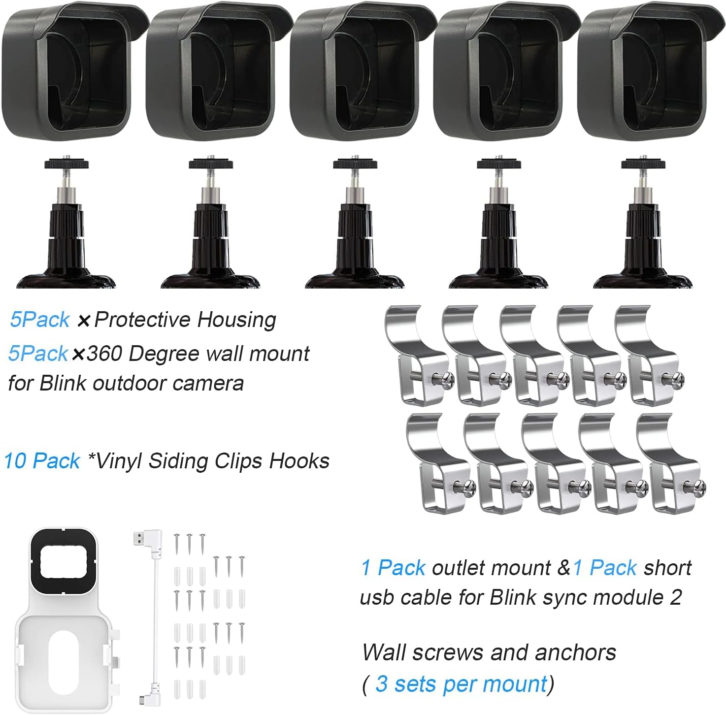 5 Pack Blink Outdoor Camera Wall Mount with Vinyl Siding Mounting Bracket, Weatherproof Protective Housing,360 Degree Adjustable Mount with Blink Sync Module 2 Outlet Mount for Blink Outdoor Camera