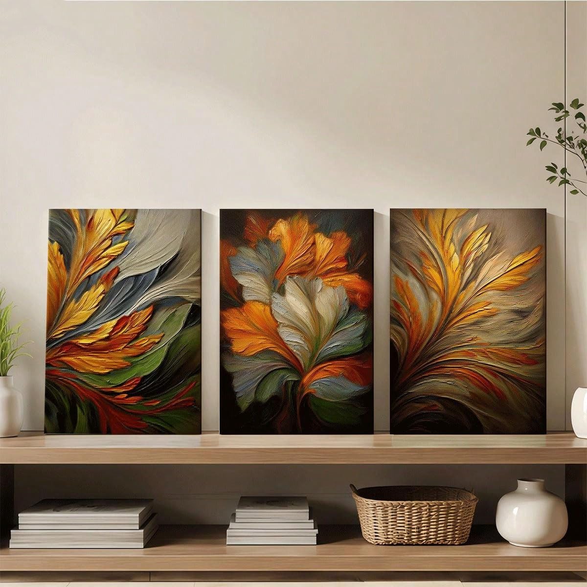 3 lienzos decorativos con estampado abstracto de hojas para la pared del salón (60x90cm x 3 / Sin marco)