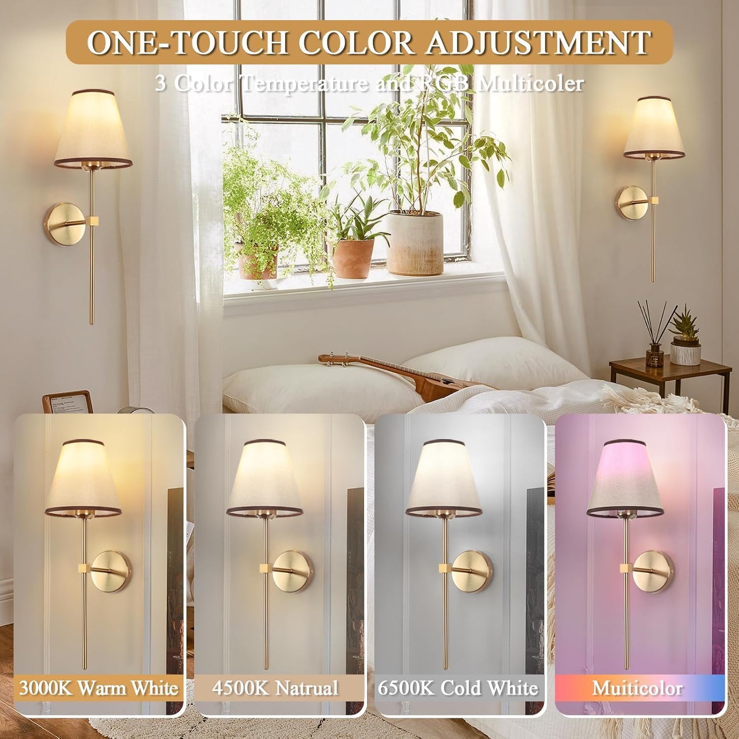 Applique da Parete Senza Fili con Telecomando, Lampadina dimmerabile Ricaricabile Tramite USB, Paralume in Tessuto Bianco e Oro Vintage per Soggiorno e Camera da Letto.