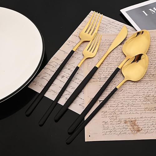 Miniatura 5 de JASHII Juego de cubiertos delgados de 20 piezas, acero inoxidable 1810 con chapado en oro de titanio, juego de cubiertos de mango negro, incluye