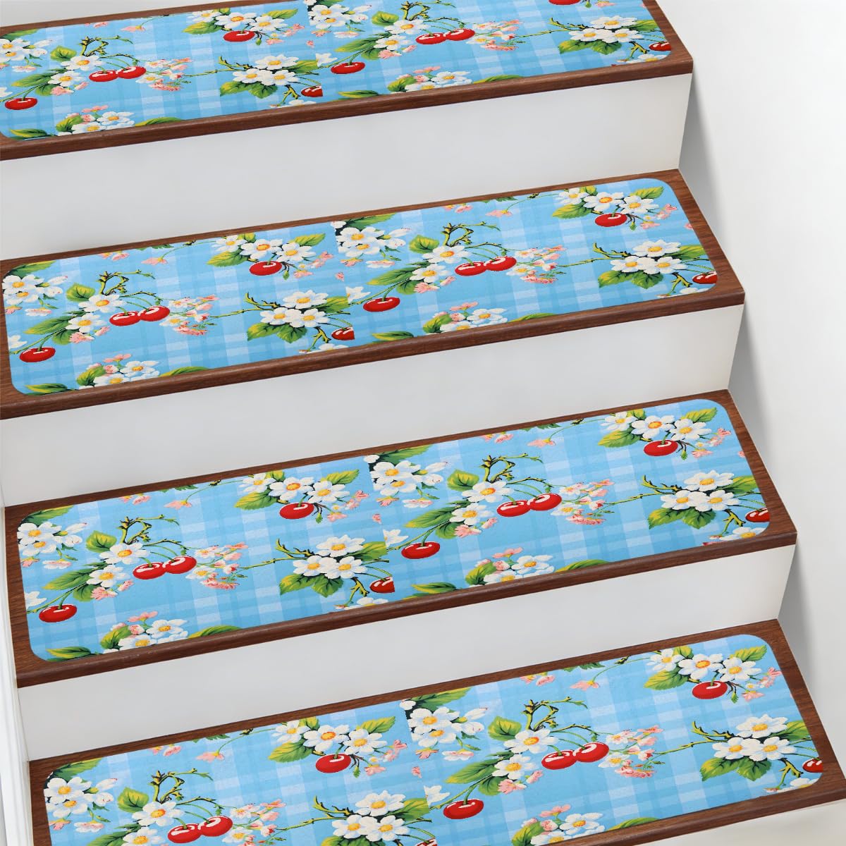 Alfombra para escaleras Mexpekil de 19,8x76,2 cm con estampado de margaritas y cerezas