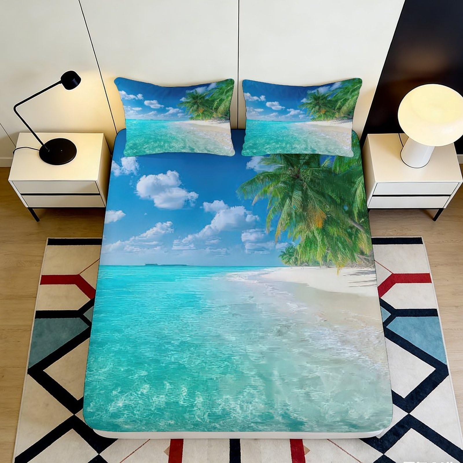 Dhbaneiok Style-3 3D Printed Ocean Beach Fitted Sheet Microfiber Tropical Palm Mattress Cover For Bedroom Dorm Decor Protection 90X200x25cm