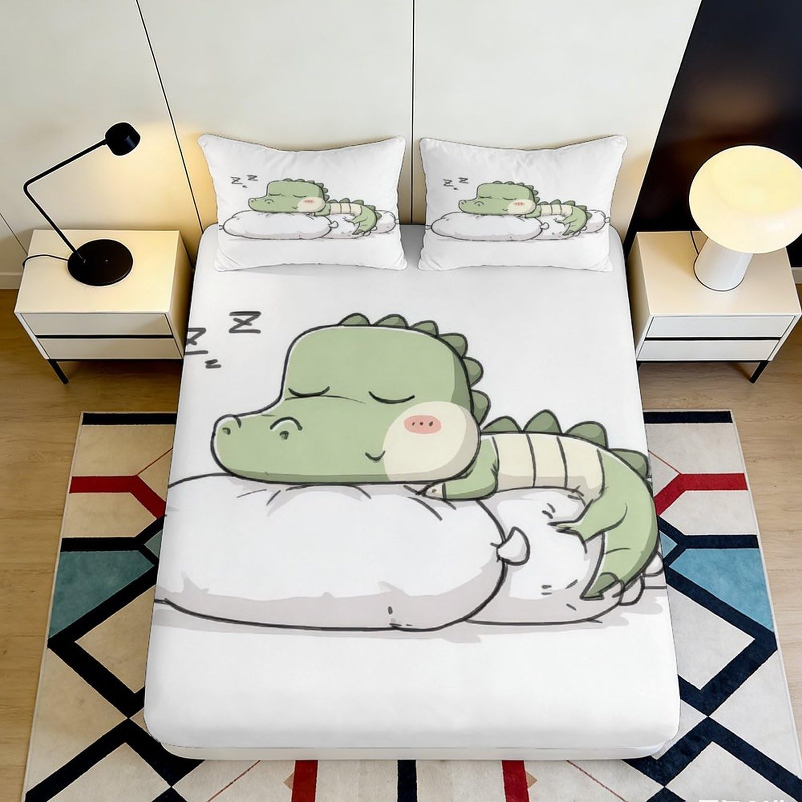 3D Printed Cute Cartoon Crocodile Fitted Sheet Microfiber Soft Breathable Sleeping Animal Bed Cover for Bedroom Dormitory Guest Room Mattress Protection Decor 120x200x25cm