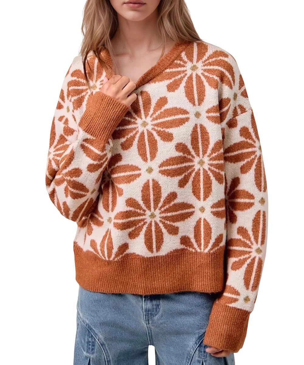 ebossy Women Cute Floral Sweater Trendy Crew Neck Slouchy Loose Jacquard Cable Knit Pullover Top