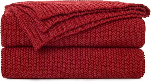 Longhui bedding Manta de punto trenzado de algodón burdeos para sofá, silla, cama, decoración del hogar, 2.5 libras, 50 x 60 pulgadas, con bolsa de