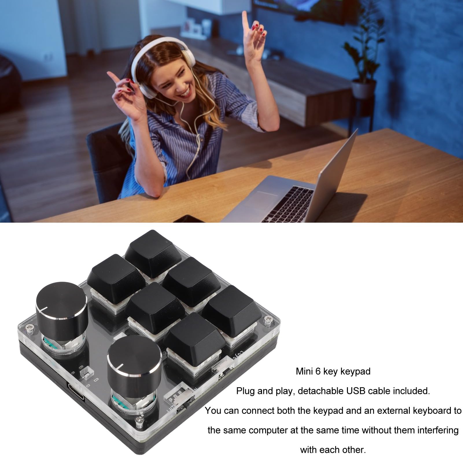 Klawiatura do gier HaloVerde Red Switch z niestandardową funkcją makro, 6 klawiszami i 2 pokrętłami do skomplikowanych skrótów, mechaniczna klawiatura obsługiwana jedną ręką do