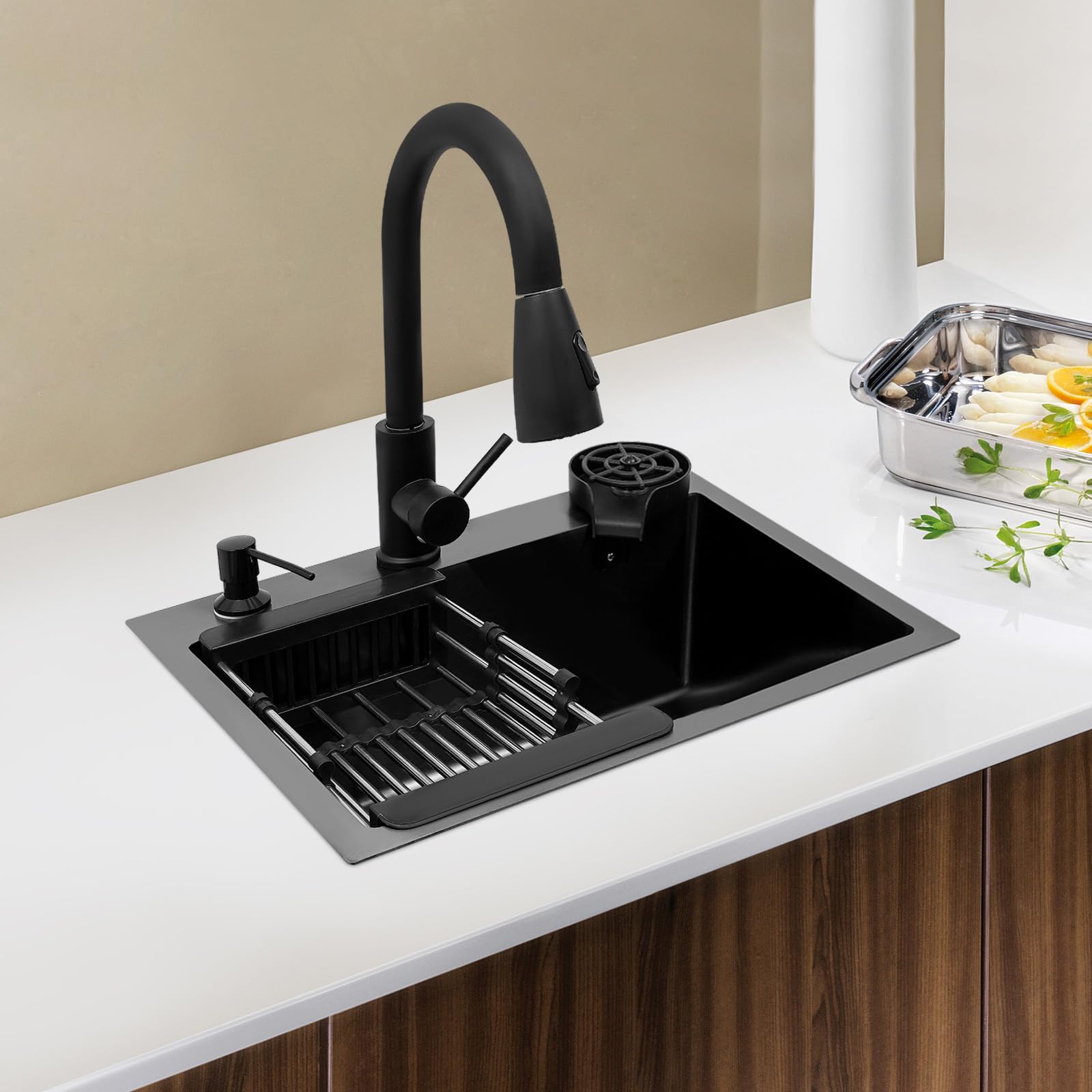 Fregadero de cocina de 45x40 cm con juego completo de desagüe y escurridor de acero