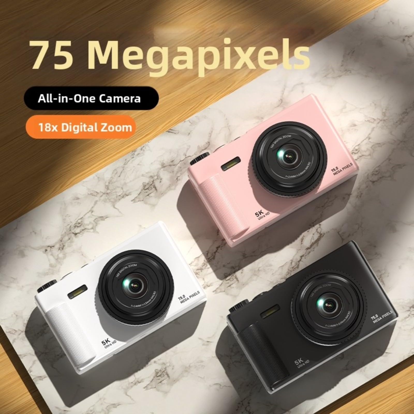 Fotocamera Vlog 5K con schermo flip a 180°, foto da 75 MP, zoom digitale 18x e anti-vibrazione, per la creazione di contenuti da viaggio, per studenti, colore bianco (nero)