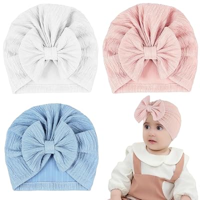 SNOWIE Soft®3Pcs Warm Baby Cap for Girls Stretchy Warm Hat Baby Hat for Newborns Lovely Bow Hat for Baby Girls Shower Gi
