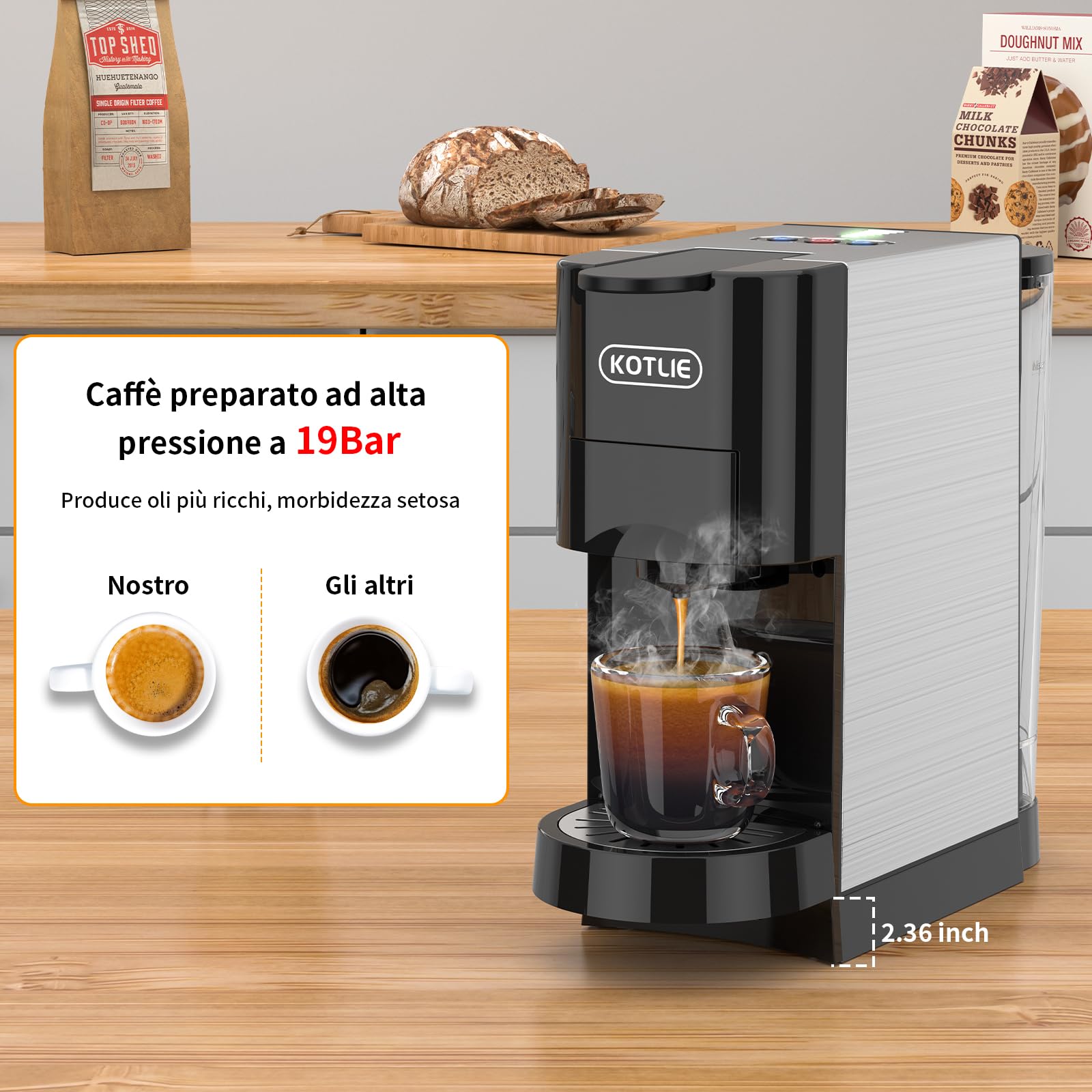 KOTLIE AC-513HF Macchina da caffè multifunzione 5 in 1 per NES/per DG/Caffè in polvere/ESE(44 mm)/per a modo mio, per tazze alte (Nero)