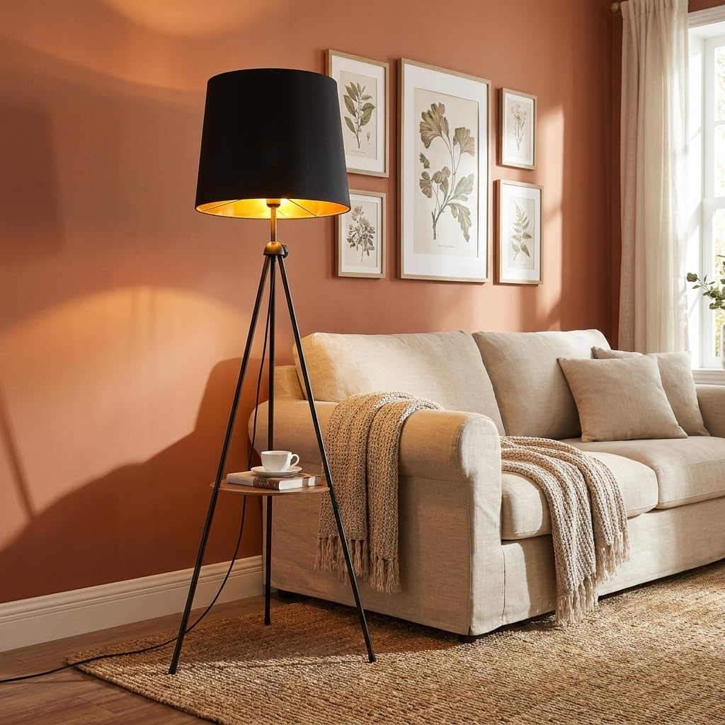 BARCELONA LED Madison Dreibein Stehlampe Mit Ablagetisch Schwarz | Holz, Textilschirm, höhenverstellbar, Ambientebeleuchtung, multifunktionales Design
