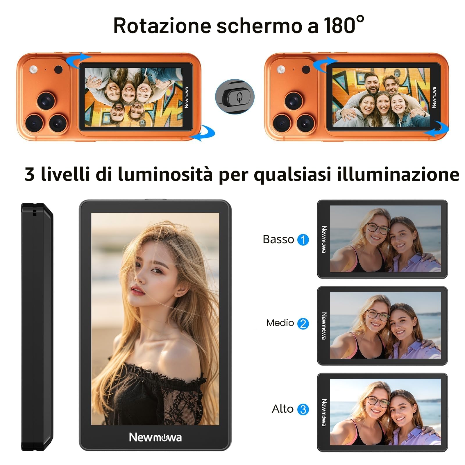 Newmowa Nero Magnetico Telefono Vlog Selfie Monitor Schermo,1080P Registrazione Wireless,Telefono Fotocamera Posteriore per Selfie Vlog TikTok,Compatibile con iPhone(Support 4K 30fps Wired Recording)