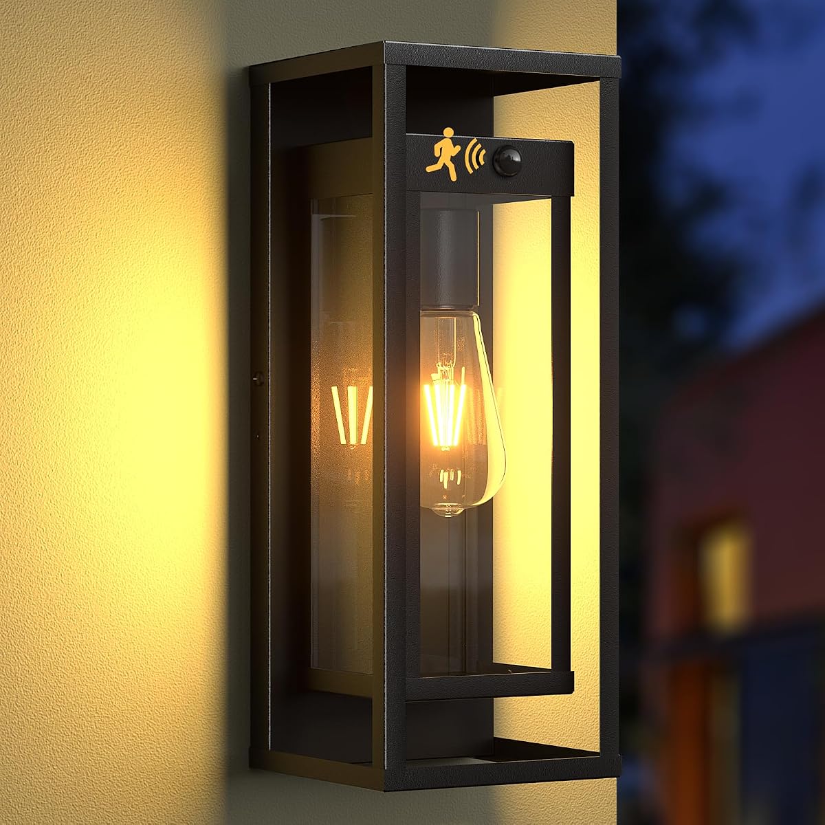 SIAFAVOI 15in Motion Sensor Outdoor Wall Sconce, Black Waterproof Metal Lantern