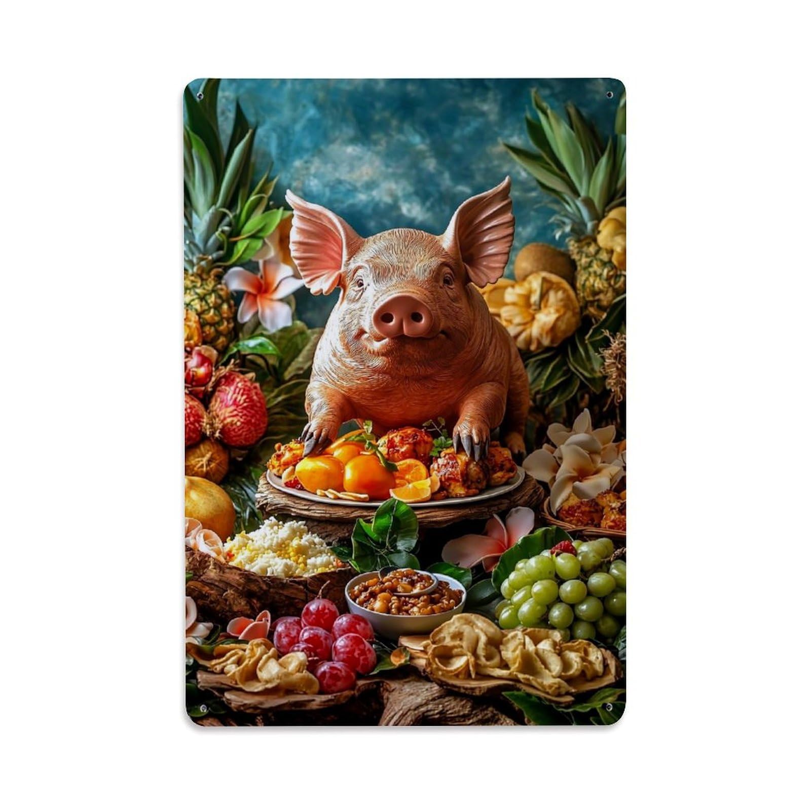 Jdyaojiesheng Vintage Pig Fruit Table Tropical Feast Tin Sign Retro Metal Wall Decor Metal Poster, Home Bar Garage Farmhouse Cafe Wall Art Decoration 8X12inches