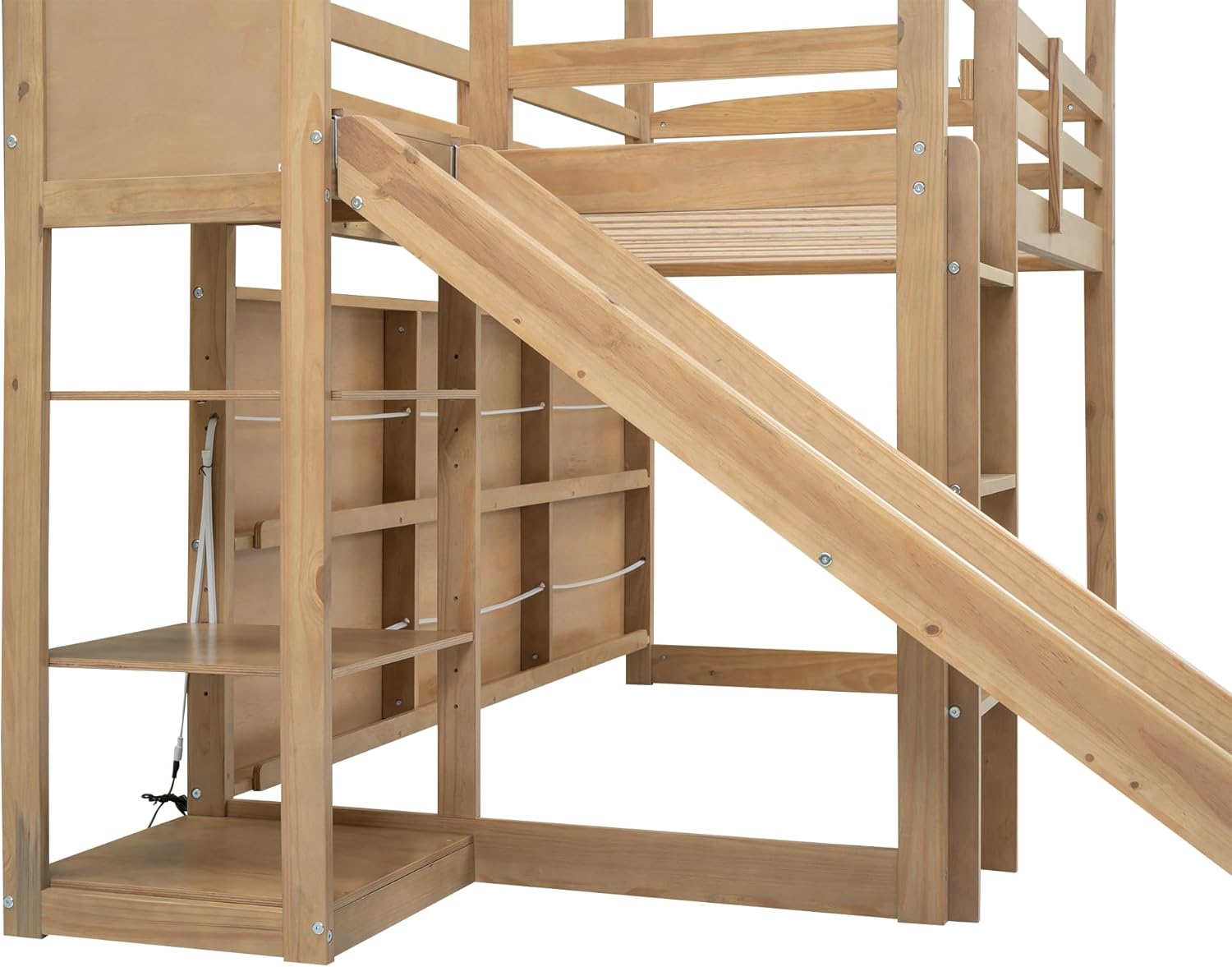 Harper & Bright Designs Twin Size House Loft Bed with Slide, House Loft Bed with Storage Shelves, Climbing Ramp and LED Light, Loft Bed with Playhouse Underneath for Kids, Boys & Girls, Wood Color