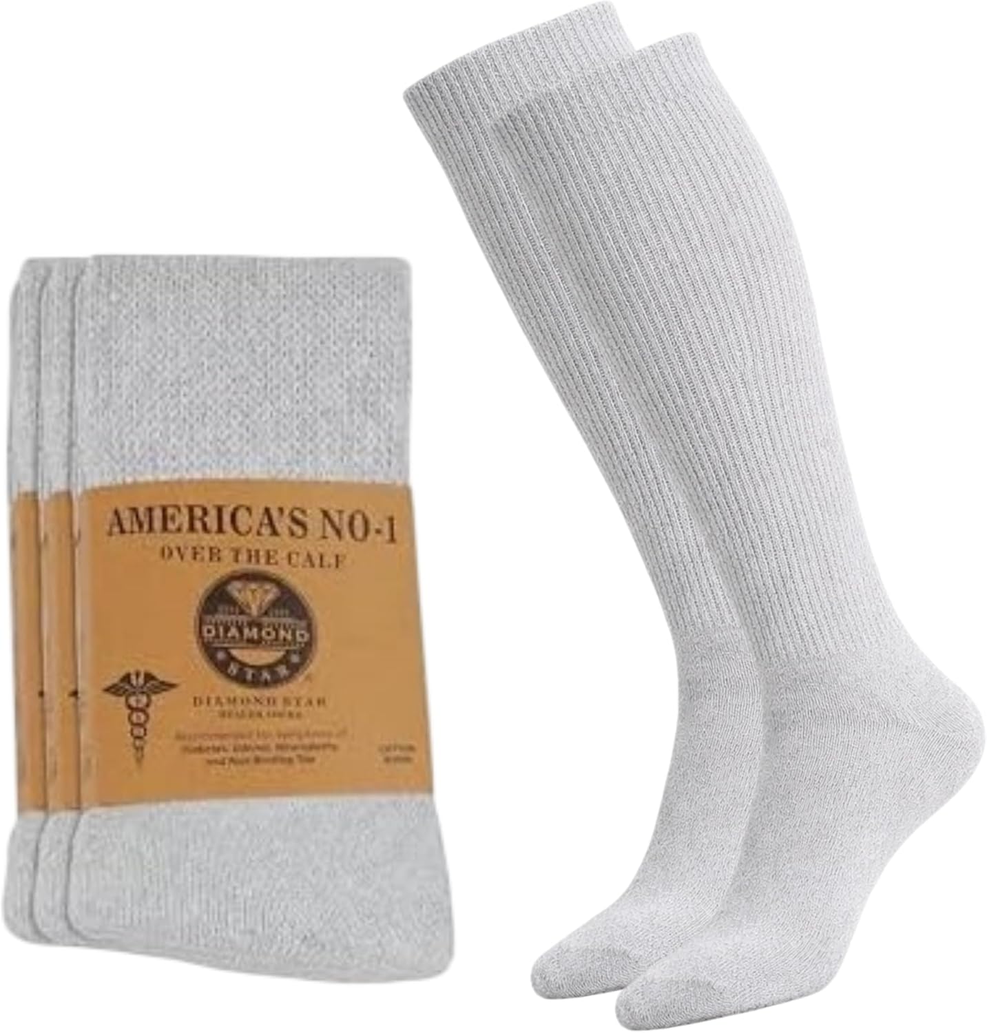 Diamond Star 2 Pairs Diabetic Knee High Socks for Men – Over the Calf Cotton Socks, Non-Binding Comfortable Fit – Men’s Shoe Size 12–14 (2 Pairs Grey)