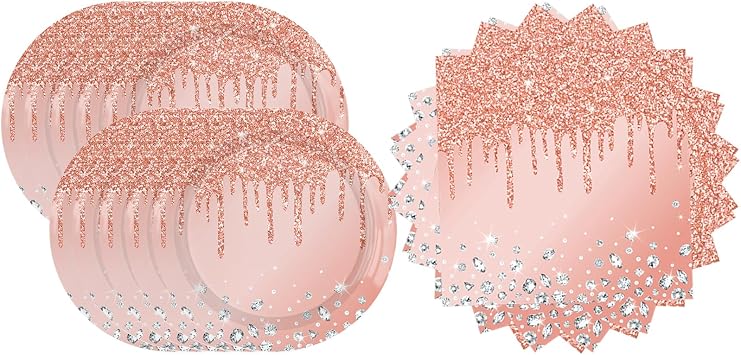 Pink Rose Gold Birthday Decorations, Dessert Plates and Napkins for Girls - Disposable Party Favors (20 Plates and 20 Napkins) (Pack of 2)