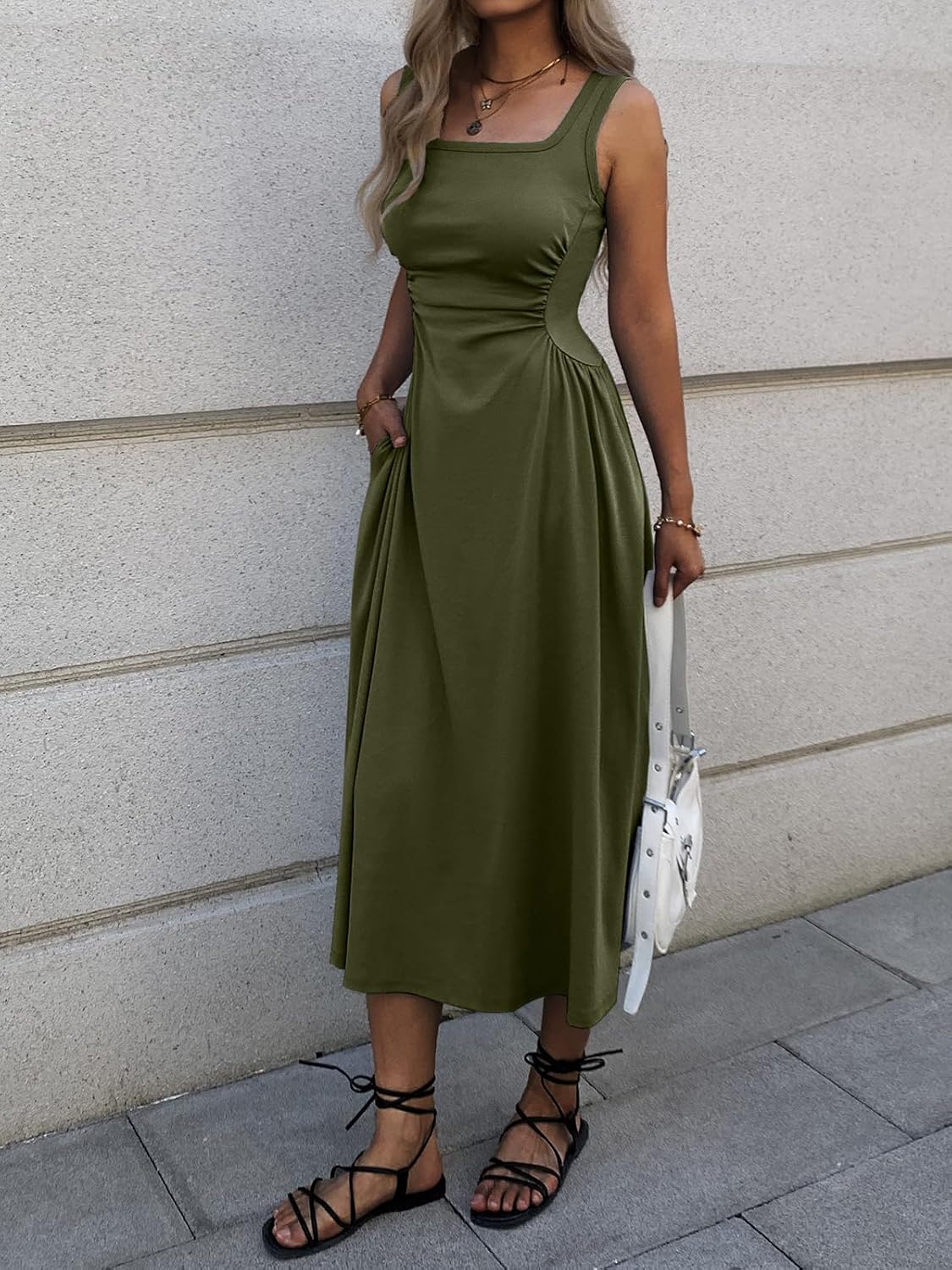 Women's Square Neck Sleeveless Slim-Fit Maxi Dress Ruched Waist Corset Flowy Casual Summer Dresses with Pockets - Image 2