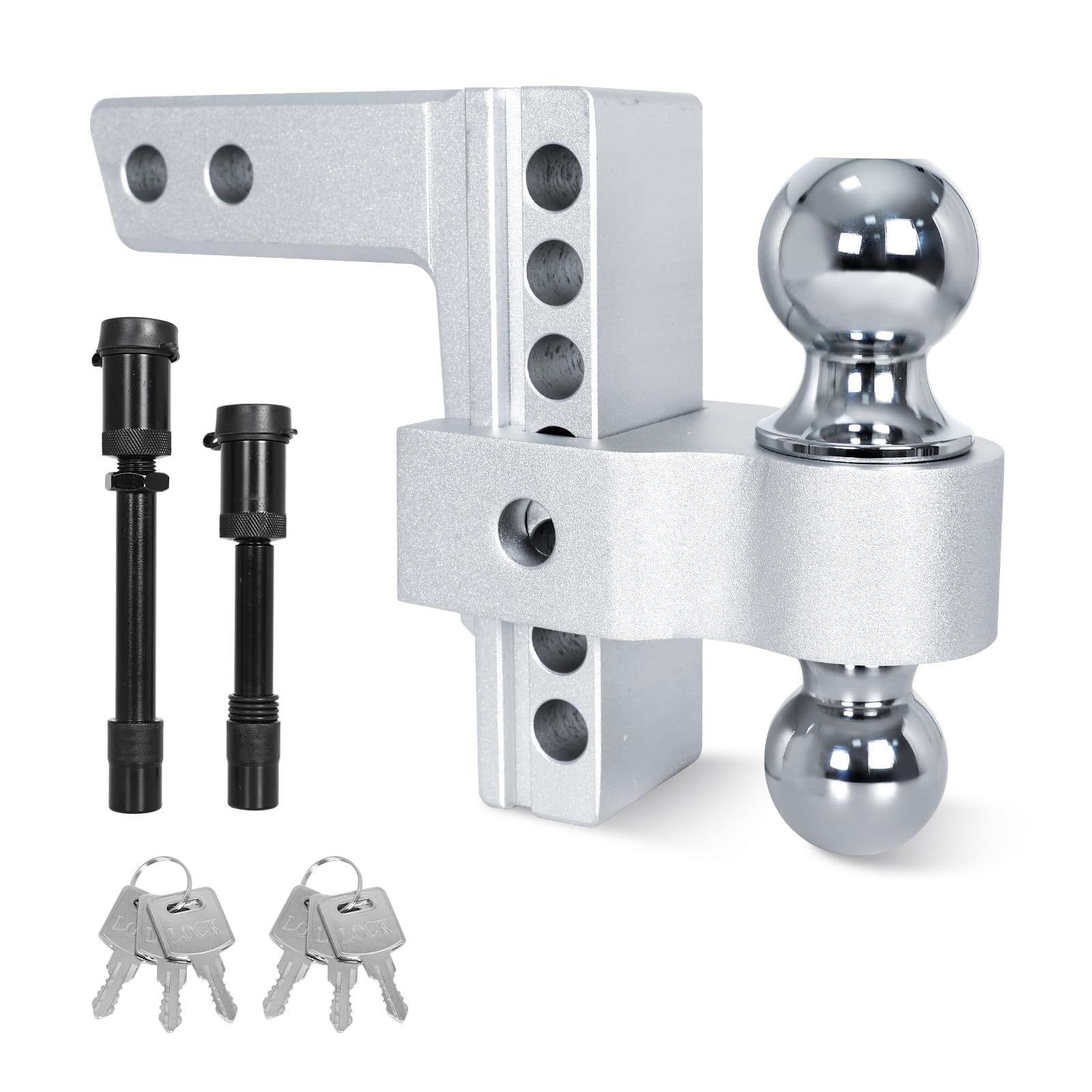 Adjustable Trailer Hitch - 6 Inch Drop Hitch (Fits 2-Inch Receiver), 12500 LBS GTW Aluminum Tow Hitches with (2" & 2-5/16") Chrome Plated Steels Balls and Two Anti-Theft Pins Locks
