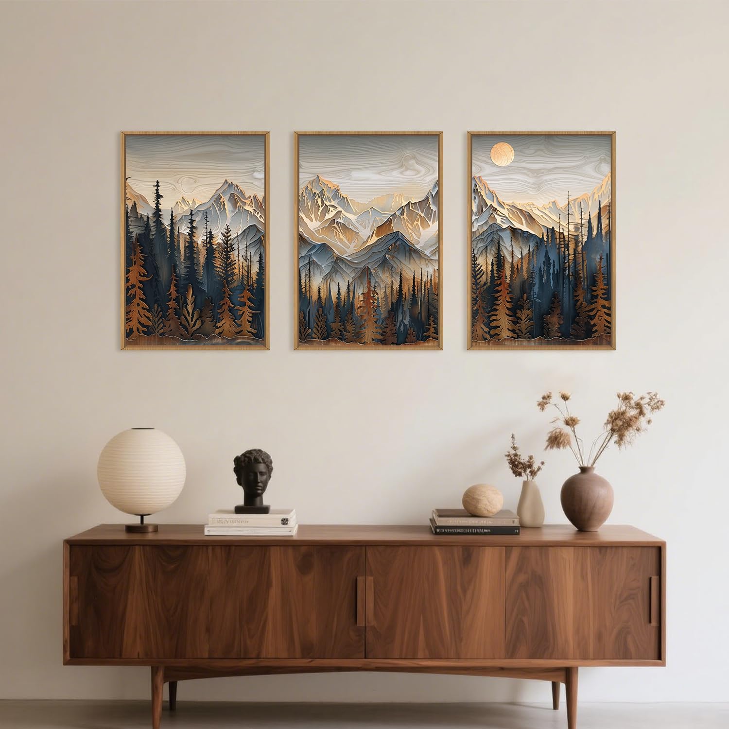 Mountain Wood Framed Canvas Wall Art Set,Rustic Pine Trees Wall Painting,Boho Ridge Scenery Wall Decor,Natural Sun landscape Art Print for Living Room,Bedroom,Dining Room,Office - 16"x24"x3