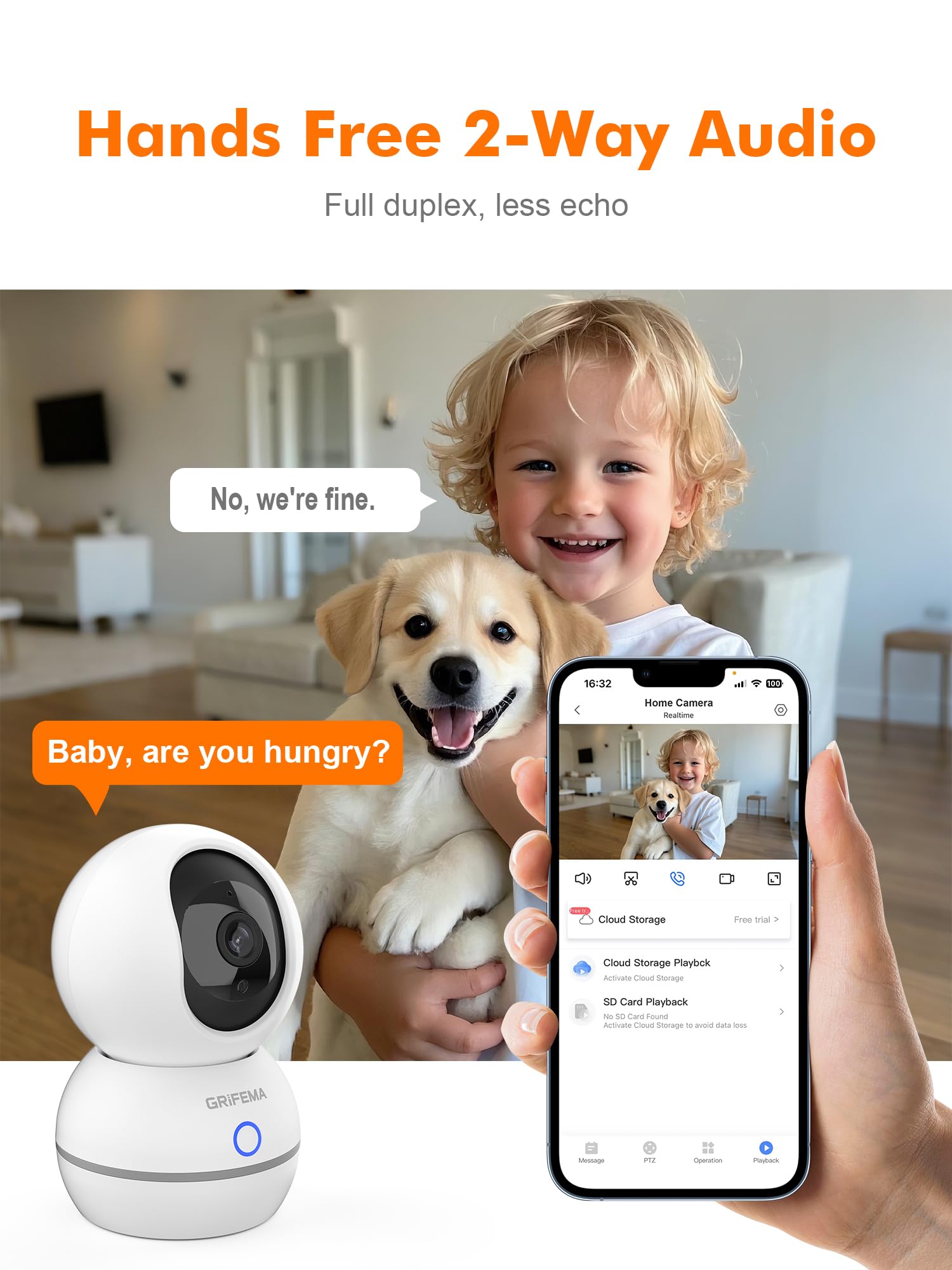 GRIFEMA Wewnętrzna kamera WiFi 360°, 1080P (3MP) z noktowizorem 10 m, wykrywanie człowieka/dźwięku, redukcja szumów 3D, pamięć SD/chmura, tryb prywatności dla dzieci/zwierząt, GD701