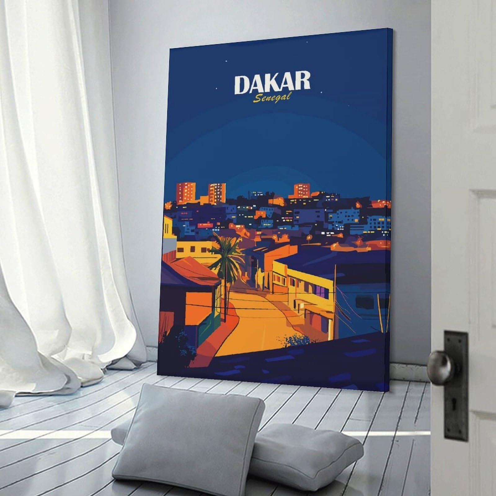 Junmoney Dakar, Senegal Cityscape at Night Wall Picture Print 20x30inch(50x75cm), for Entrance Spaces, Stair Walls Or Halls, Decorative Canvas Styling for Entry Areas