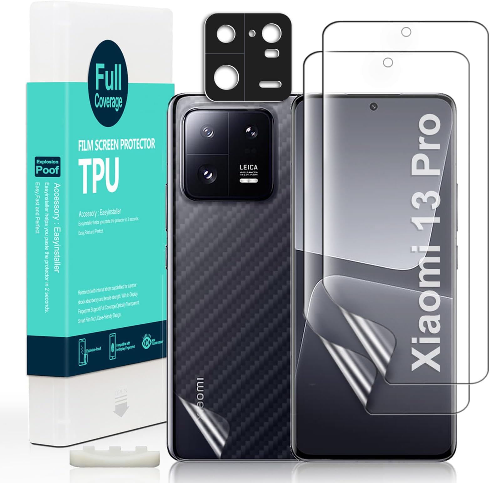 Screen Protector For Xiaomi 13 Pro 5G(6.73 Inches),with 2Pcs Flexible TPU Film,1Pc Camera Lens Protector,1Pc Backing Carbon Fiber Film [Fingerprint Reader,Easy to install]