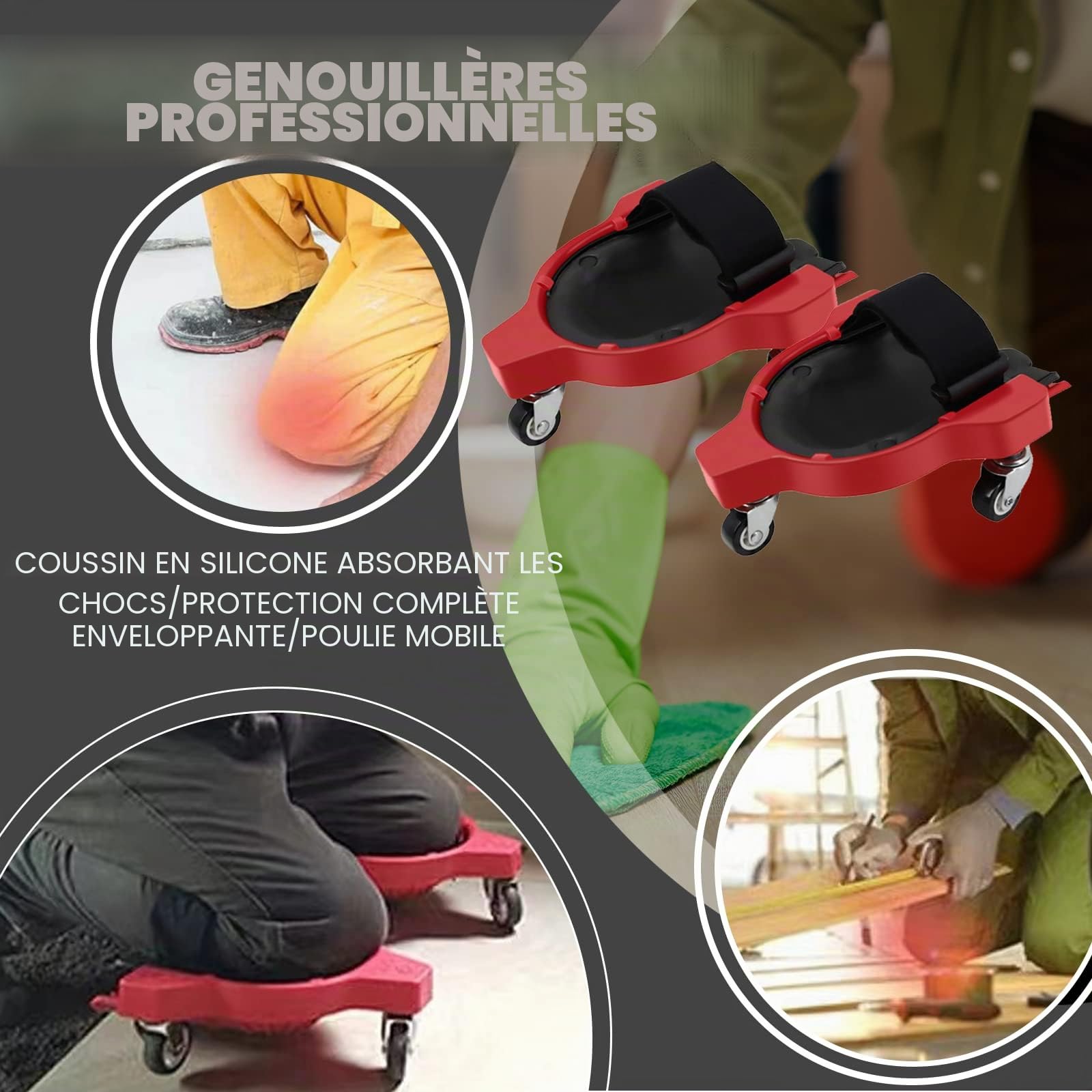 Protège-genoux roulant 2 pièces avec molettes Économiseur de main-d'œuvre pour pose de carrelage avec roue et sangle réglable（rouge）