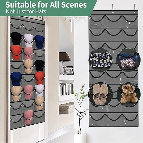 Miniatura 5 de NYFITY Organizador de sombreros para gorras de béisbol, perchero con 3 ganchos sobre la puerta, 24 bolsillos, gris