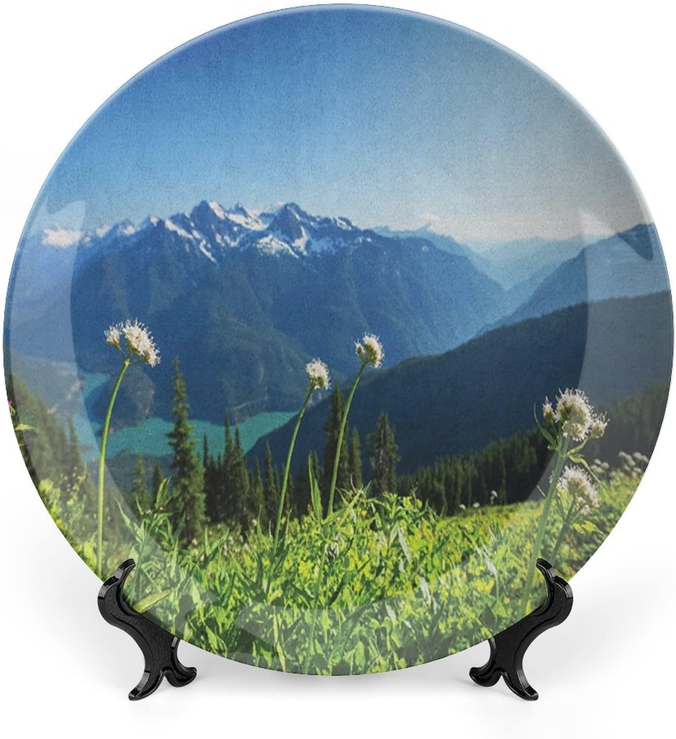 XISUNYA 7 Inch Decorative Plate, Nature Ceramic Craft, Diablo Lake Mountains Dandelions Thistle Flowers Wilderness Print Ceramic Wall Hanging for Home Office Party Dinner Table Decor, Green Sky Blue