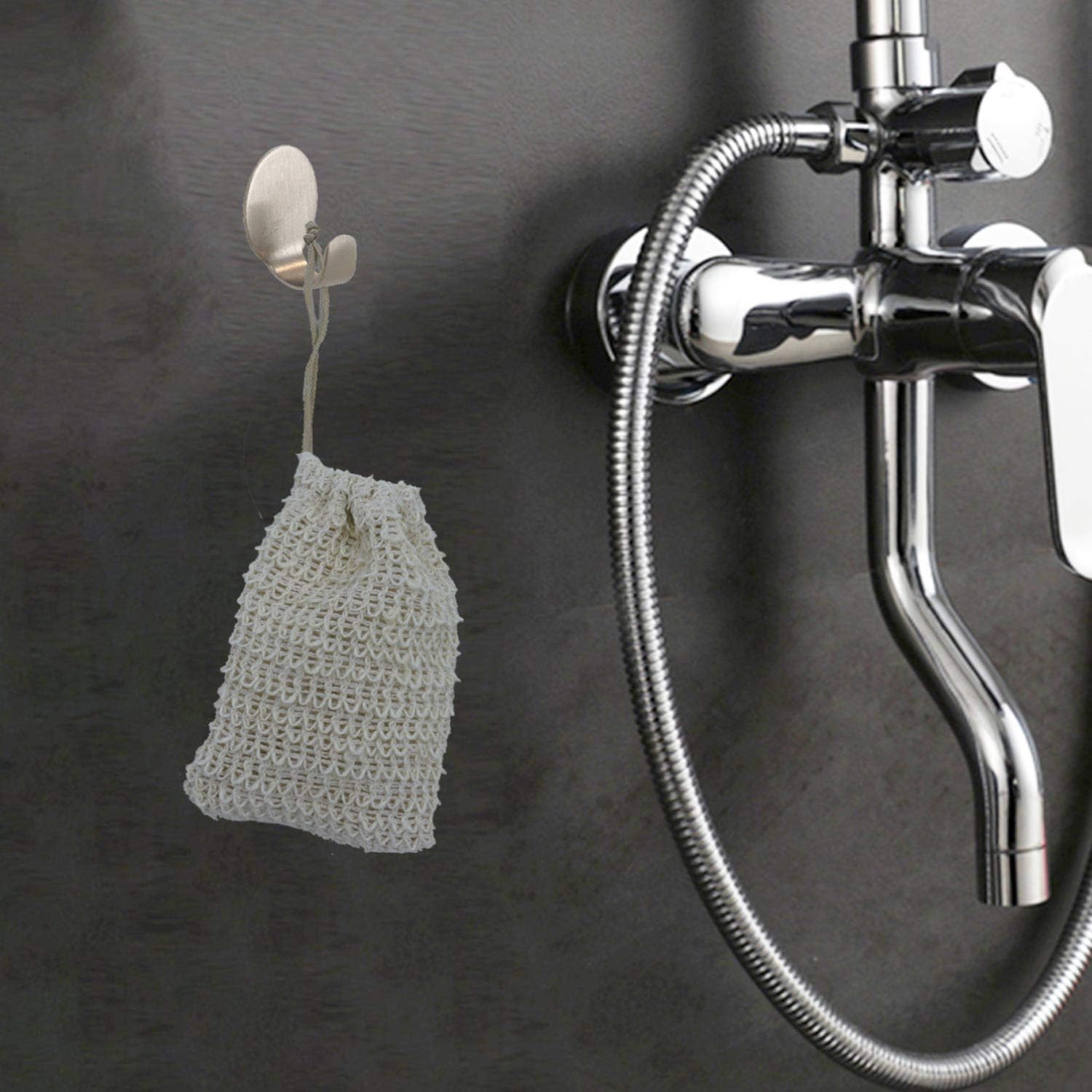 2 Pack Soap Exfoliating Bag Natural, Soap Saver with Drawstring and Wooden Bead Holder,Exfoliating Loofah Pouch for Bathroom Shower