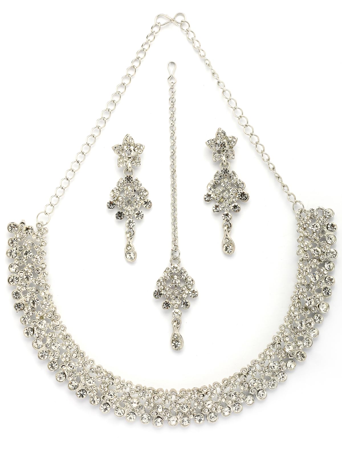 Splendid Fashionable Rhodium Silver Plated with AD Stone Studded Choker Necklace with Dangle Earring Maantikka Jewellery Set for Women & Girls-image-35