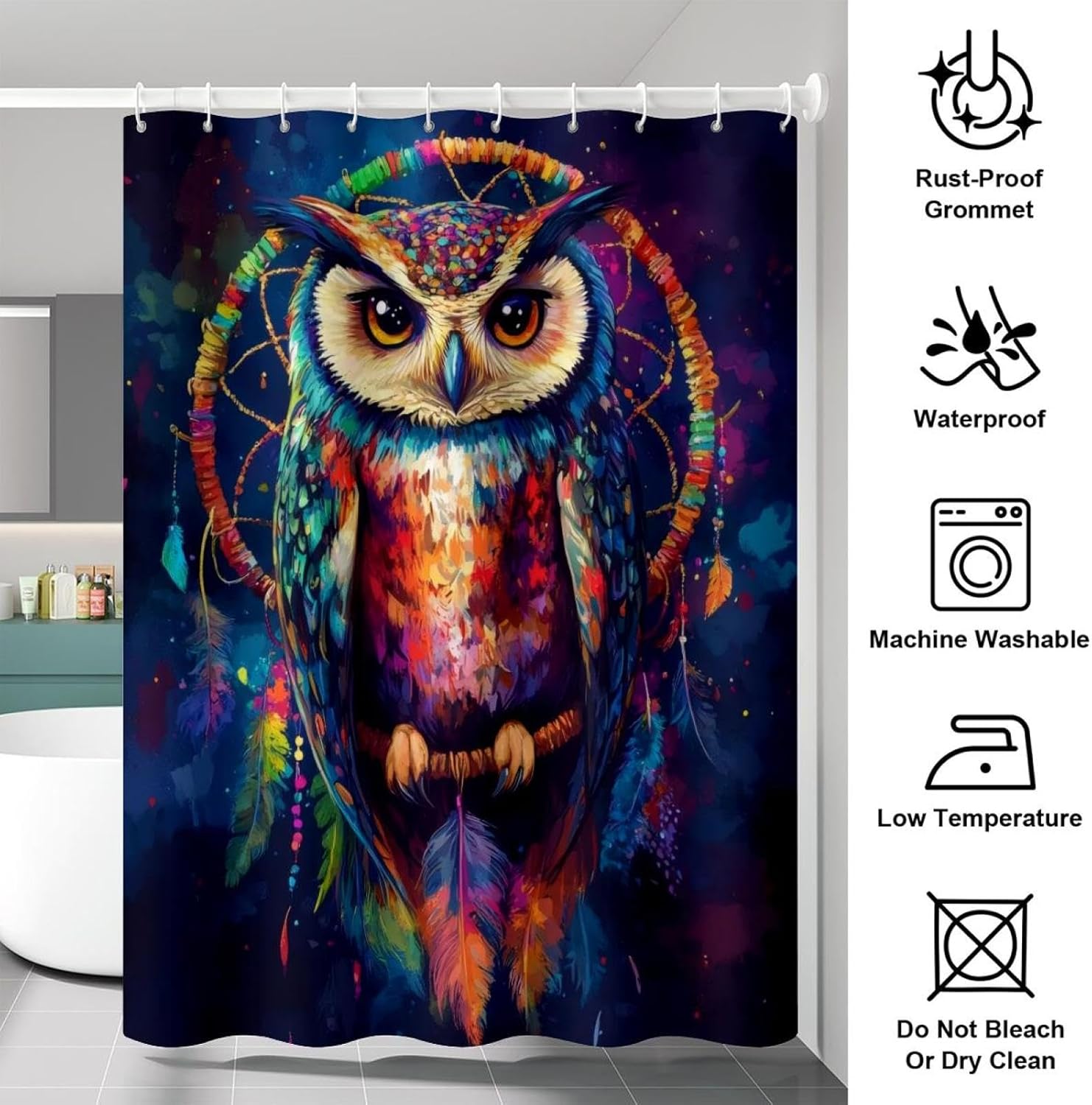 48 x 72 in Owl Dream Catcher Galaxy Shower Curtain, Art Decor Waterproof Cute Lightweight Shower Curtains with Hooks for Bathroom